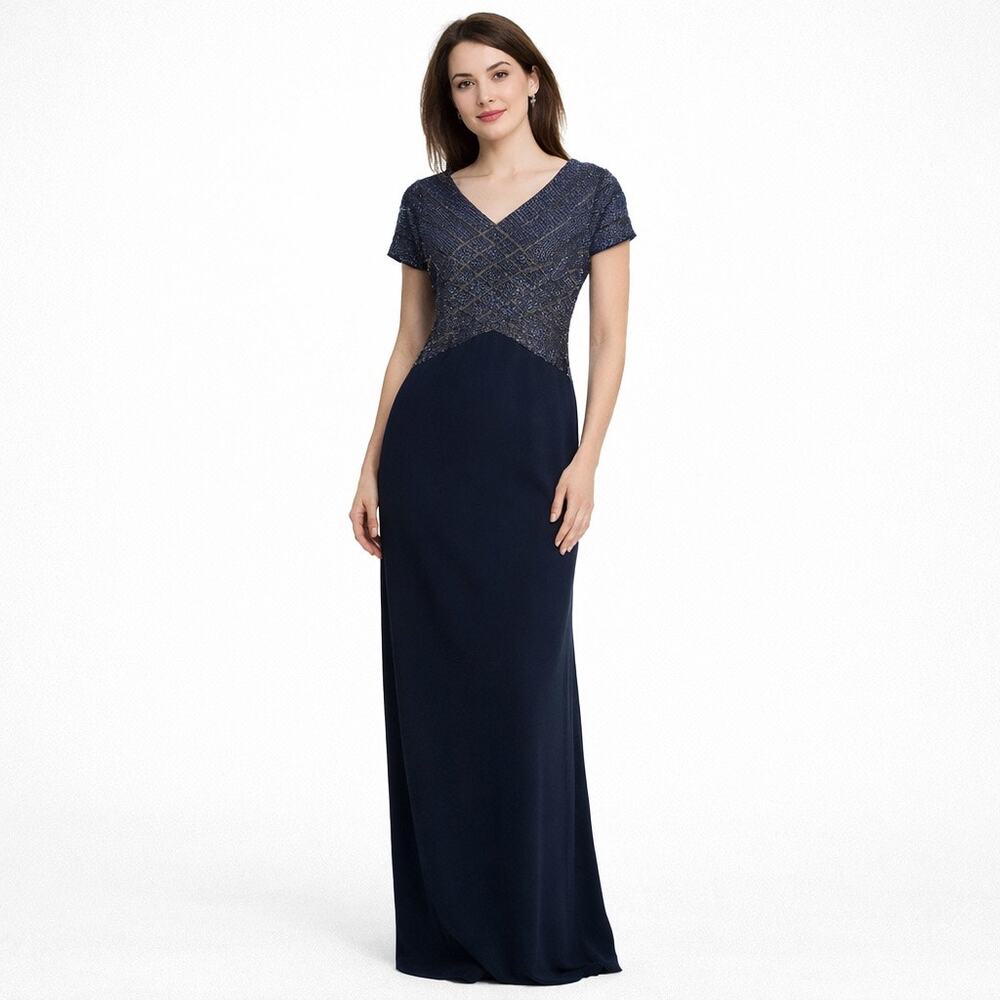 NEW Adrianna Papell Beaded Gown Navy Blue Short Sleeve Evening Dress 2 Petite